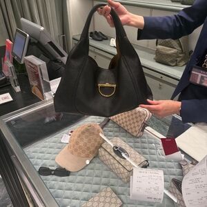 Black Leather Top-Handle Shoulder Bag with Gold Hardware